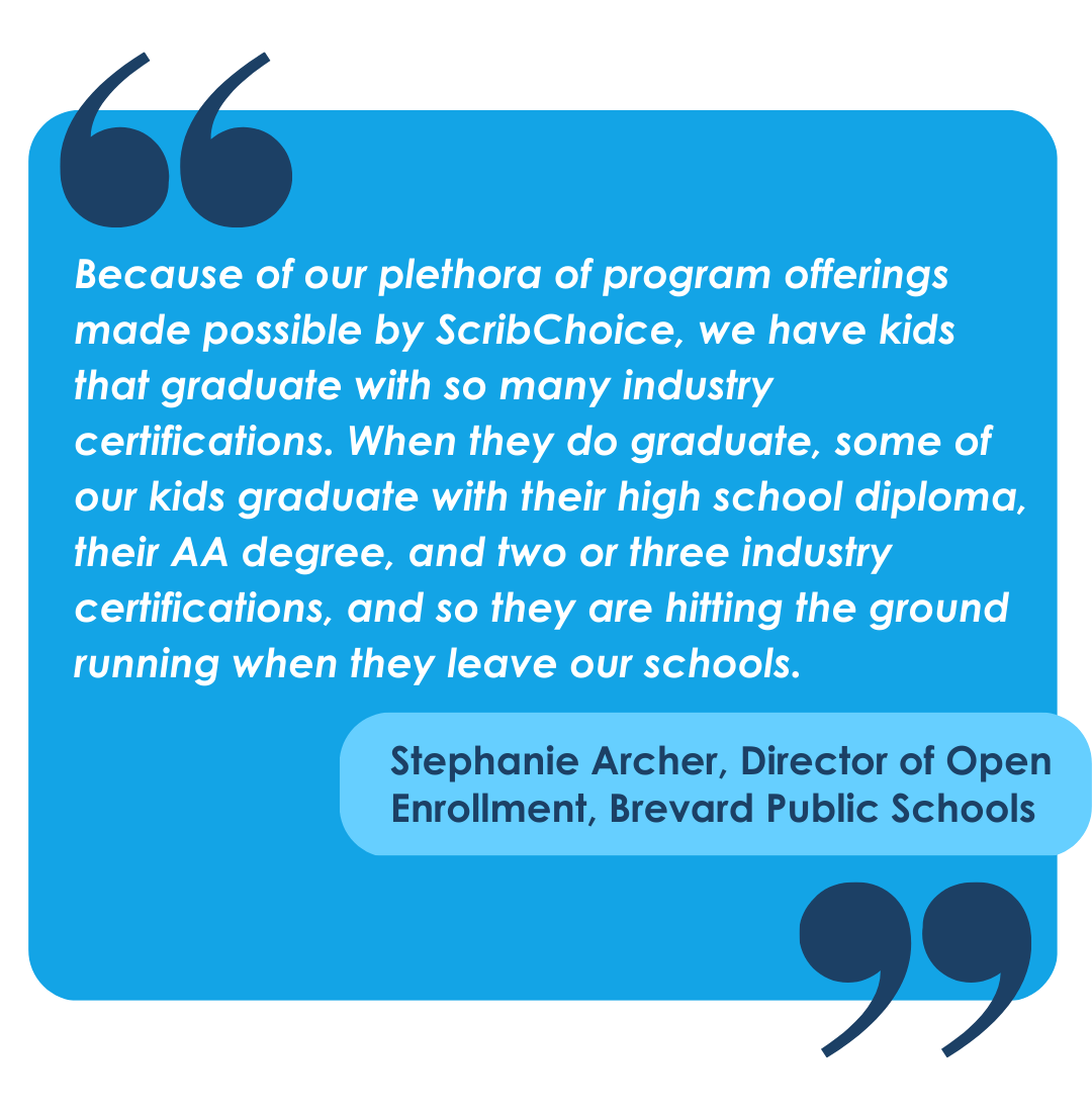 “Because of our plethora of program offerings made possible by ScribChoice, we have kids that graduate with so many industry certifications. When they do graduate, some of our kids graduate with their high school dip (5)